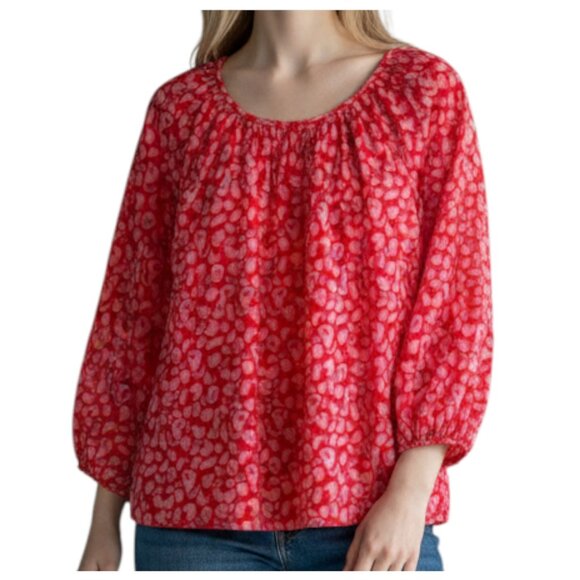 Tucker Silk Blend Smocked Blouse Coral Hugs & Kisses Print L Designer - Picture 9 of 9